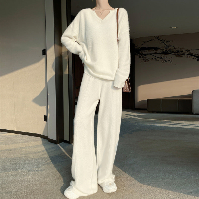 Pure Wool V-Neck Top & Wide-Leg Pants Set