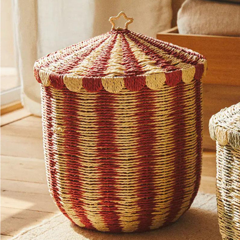 Panier de rangement tissé nordique avec couvercle – Fait main et écologique