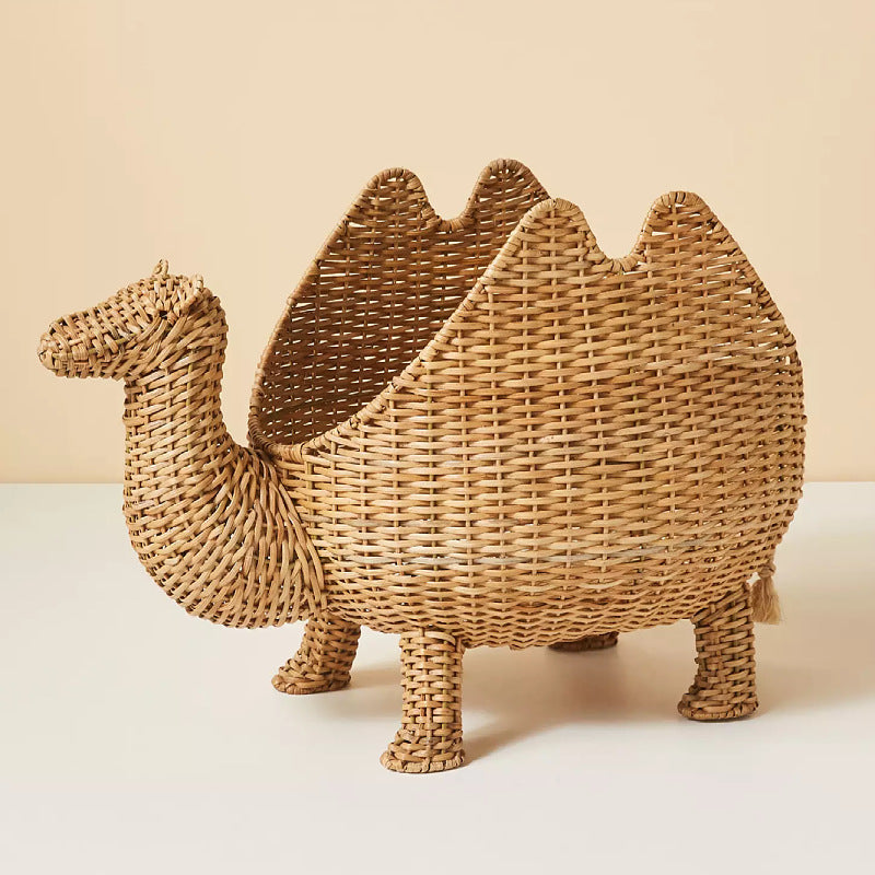 Handmade Nordic Rattan Camel Toy Storage Basket with Lid – Cute Animal Organizer