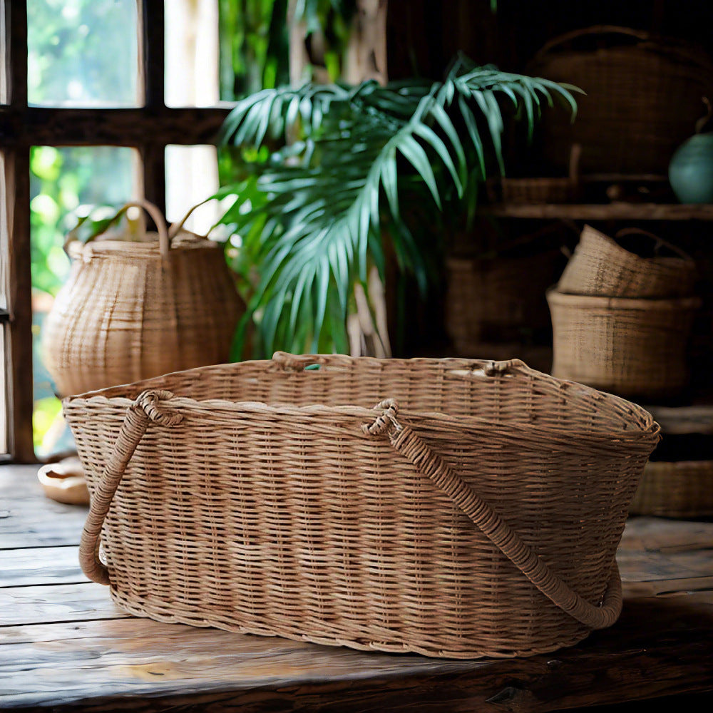 Vintage Woven Rattan Basket – Handheld Rustic Storage Tote