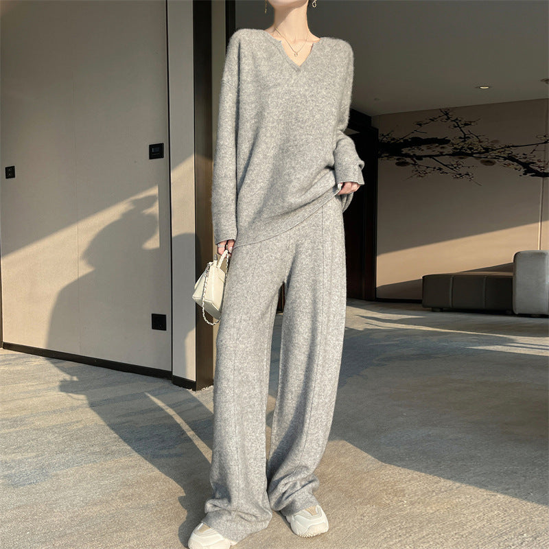 Pure Wool V-Neck Top & Wide-Leg Pants Set