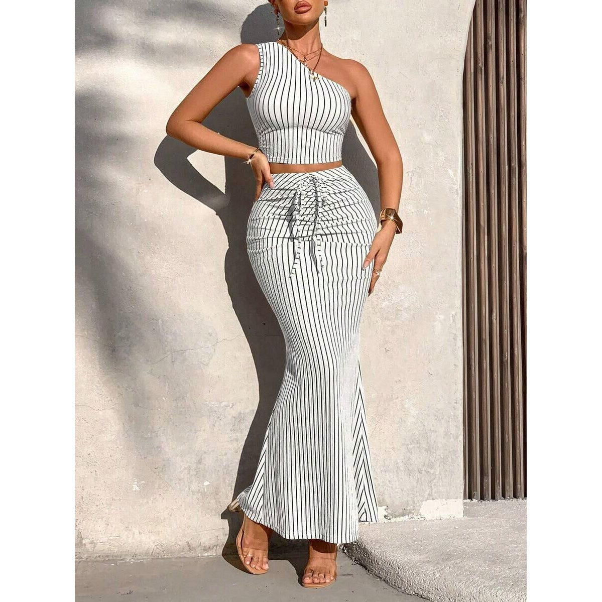 Elegant Asymmetrical Crop Top and High-Waist Skirt Set