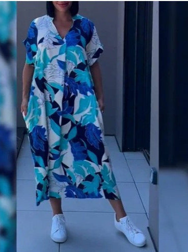 Printed V Neck Loose Midi Dress
