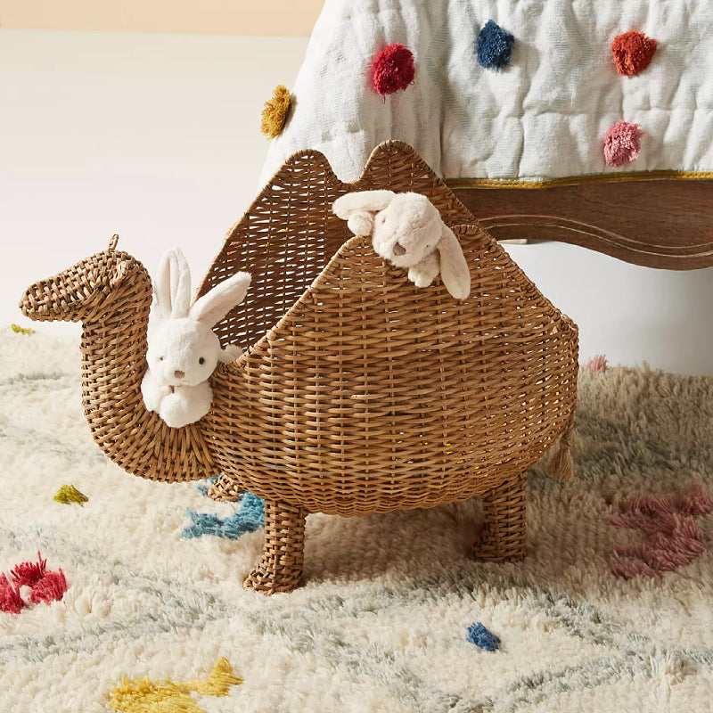 Handmade Nordic Rattan Camel Toy Storage Basket with Lid – Cute Animal Organizer