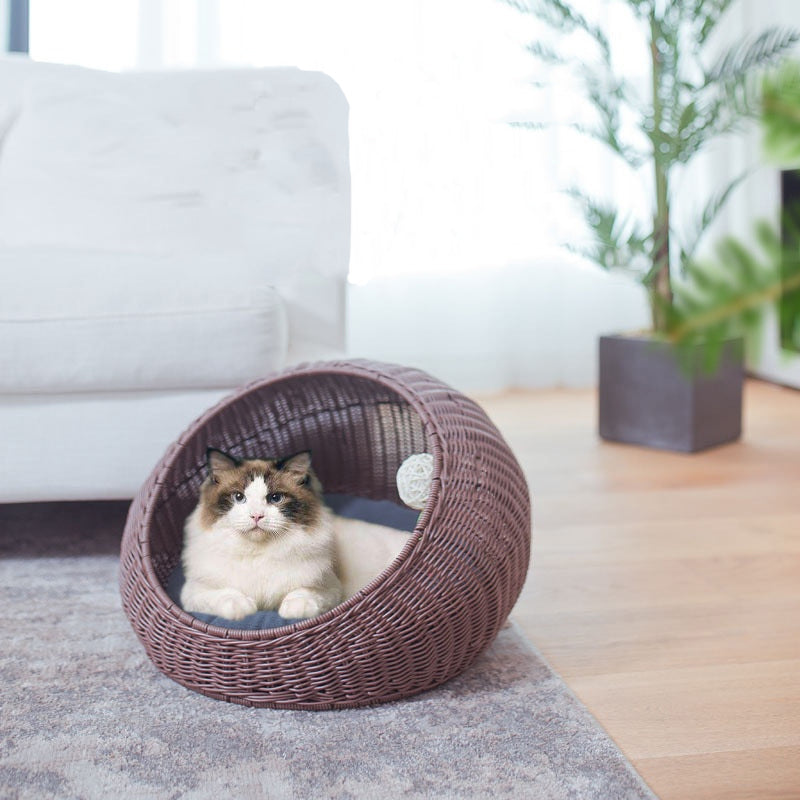 Handwoven Cat Bed – Washable Rattan Pet Hammock Nest