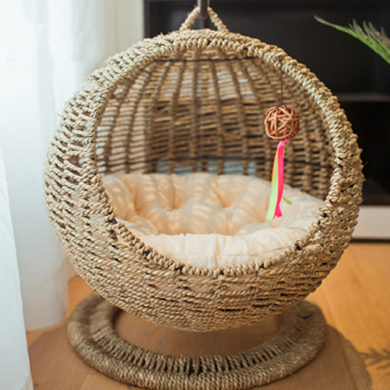 Hamac tissé pour chat – Panier suspendu en jonc de mer pour animaux (🔥Tapis gratuit)