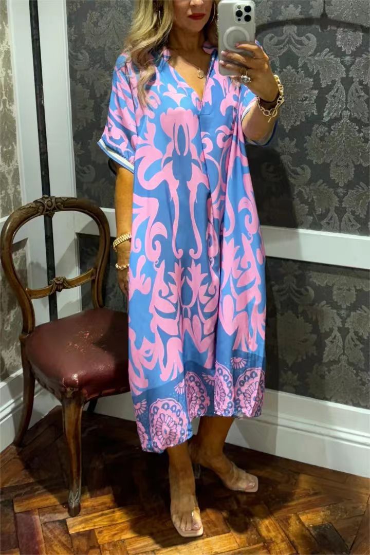 Printed V Neck Loose Midi Dress