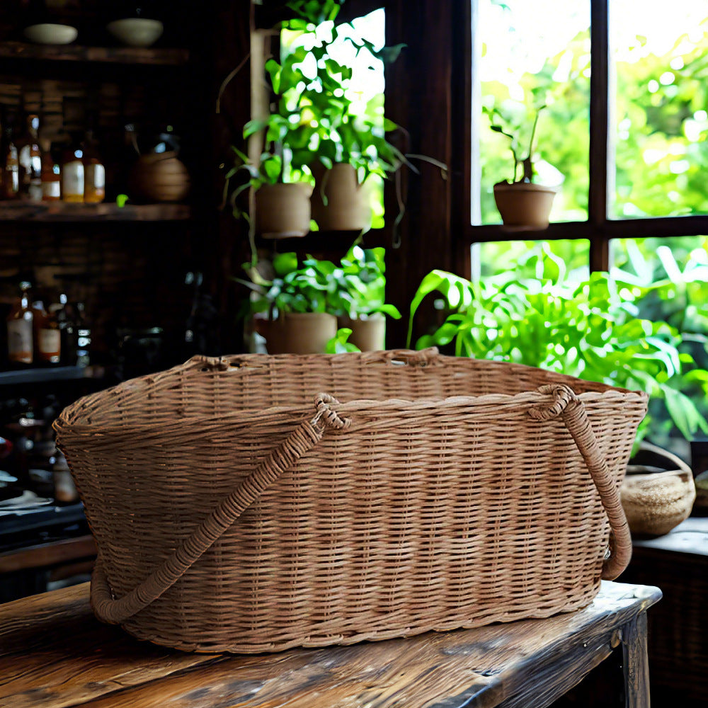 Vintage Woven Rattan Basket – Handheld Rustic Storage Tote