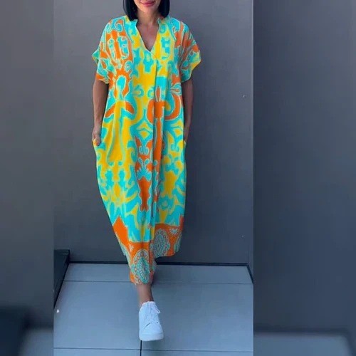 Printed V Neck Loose Midi Dress