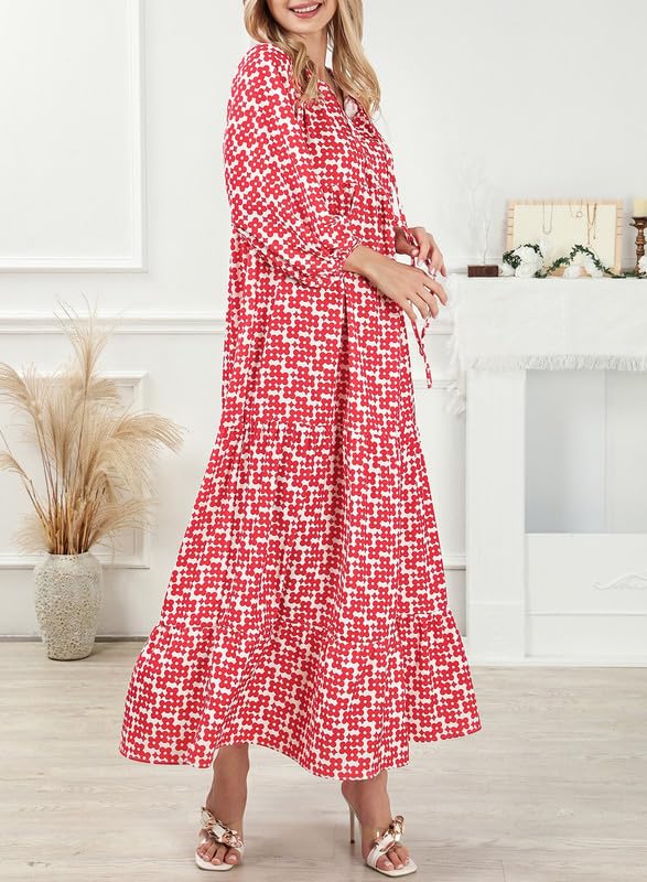 robes longues bohèmes géométriques à manches bouffantes pour femmes 