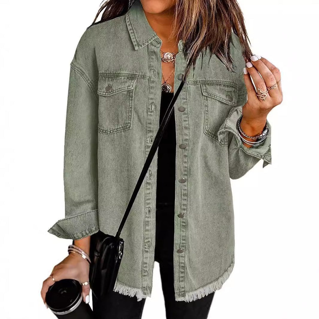 2025 Women's Casual Denim Button Down Distressed Jacket