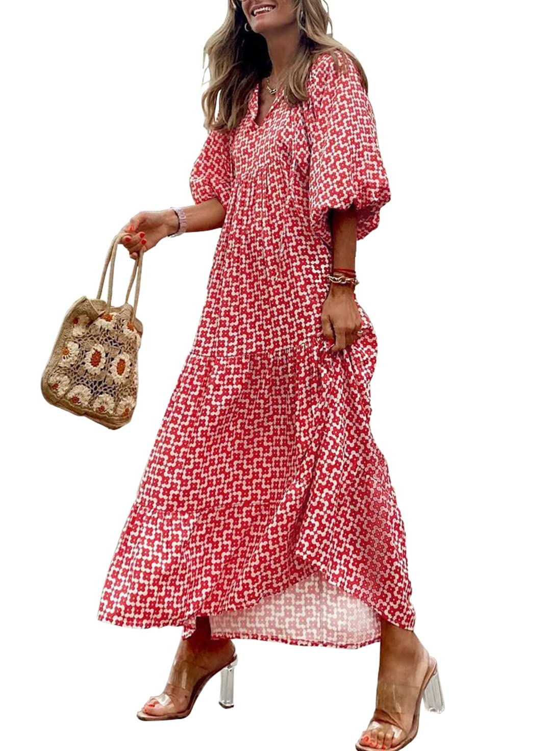 robes longues bohèmes géométriques à manches bouffantes pour femmes 
