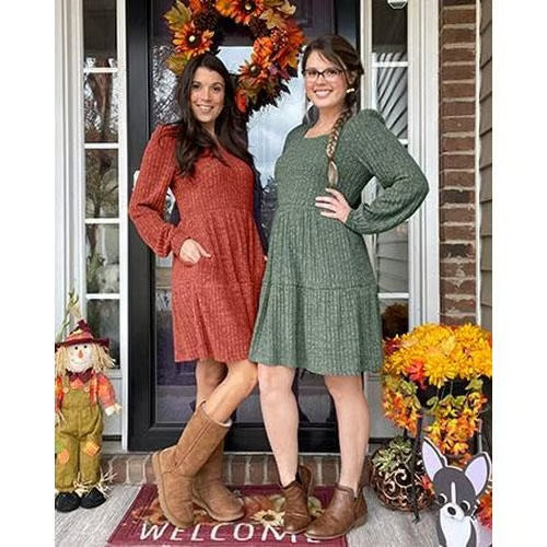 Women's Square Neck Lantern Sleeve Ribbed Dress - Buy 2, Get Free Shipping!