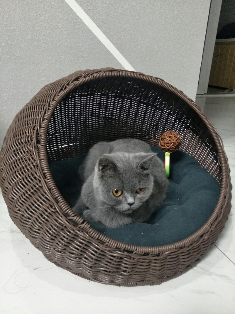 Handwoven Cat Bed – Washable Rattan Pet Hammock Nest