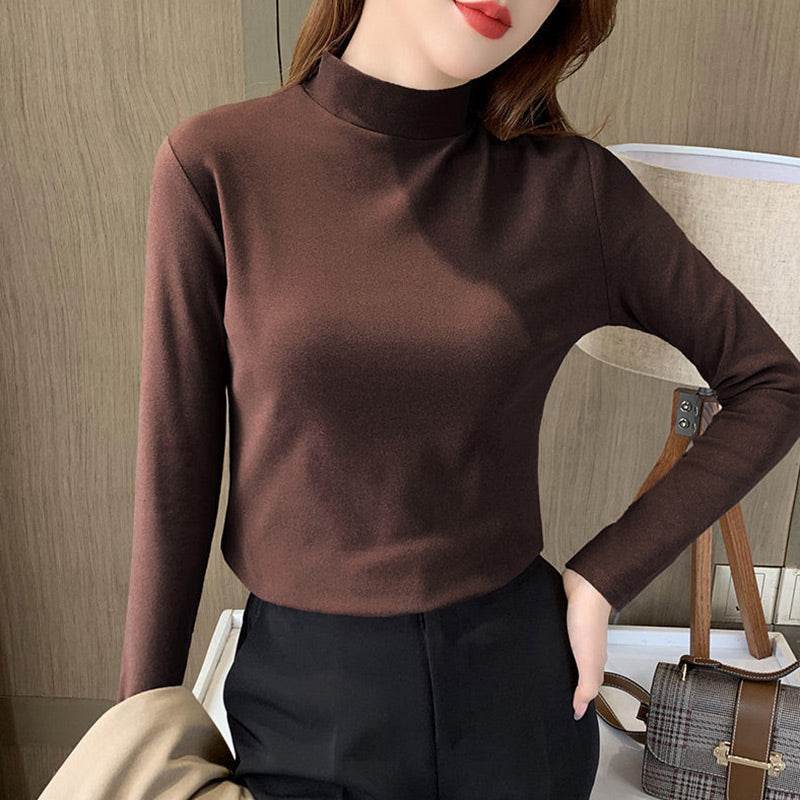 Women's Comfortable Solid Color Half High Neck Long Sleeve Top