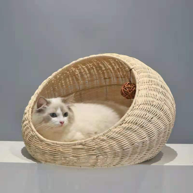 Handwoven Cat Bed – Washable Rattan Pet Hammock Nest