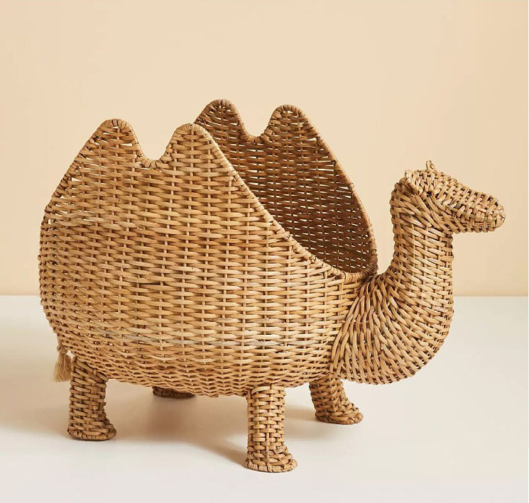 Handmade Nordic Rattan Camel Toy Storage Basket with Lid – Cute Animal Organizer