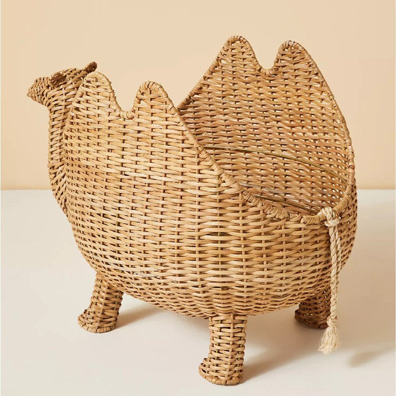 Handmade Nordic Rattan Camel Toy Storage Basket with Lid – Cute Animal Organizer