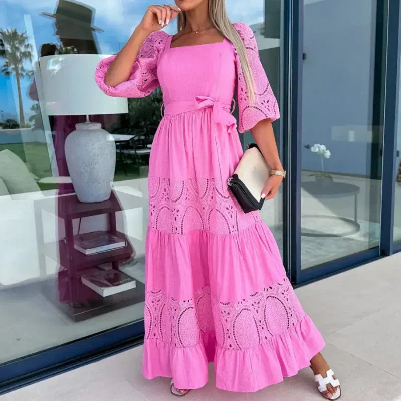 💖Limited Sale 50% OFF💖Women’s Trendy Patchwork Tie Waist Square Neck Long Dress