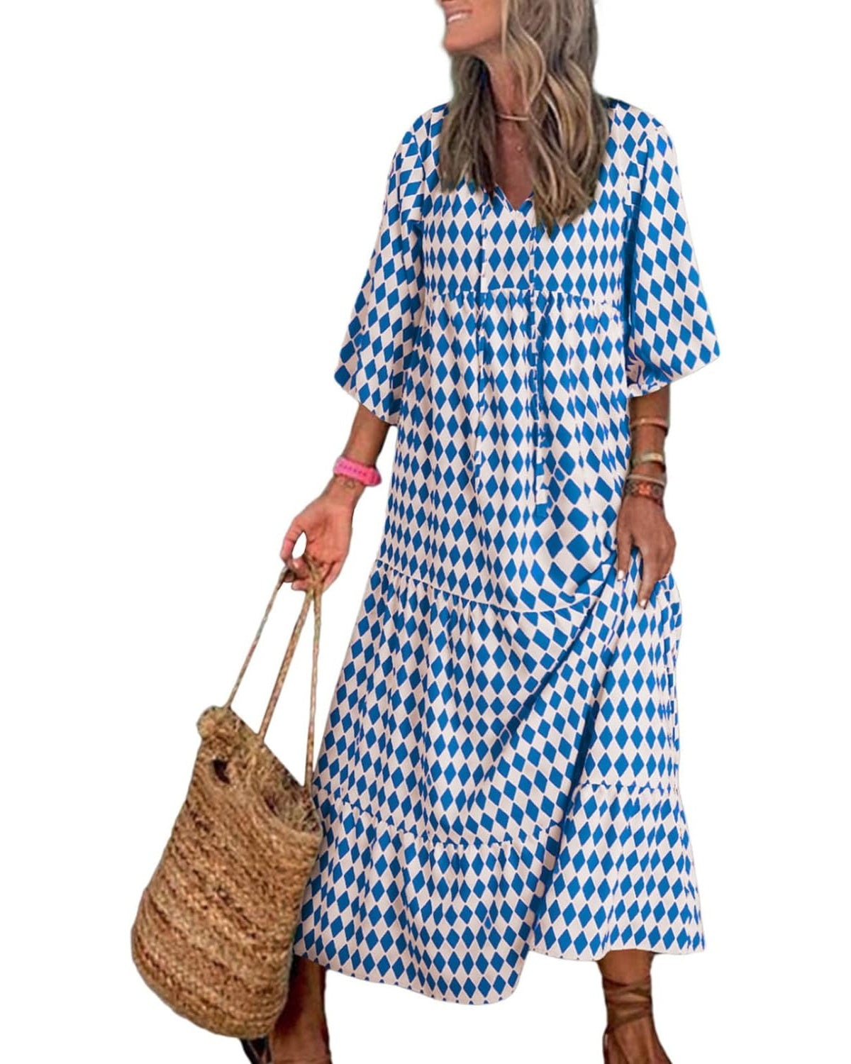 robes longues bohèmes géométriques à manches bouffantes pour femmes 
