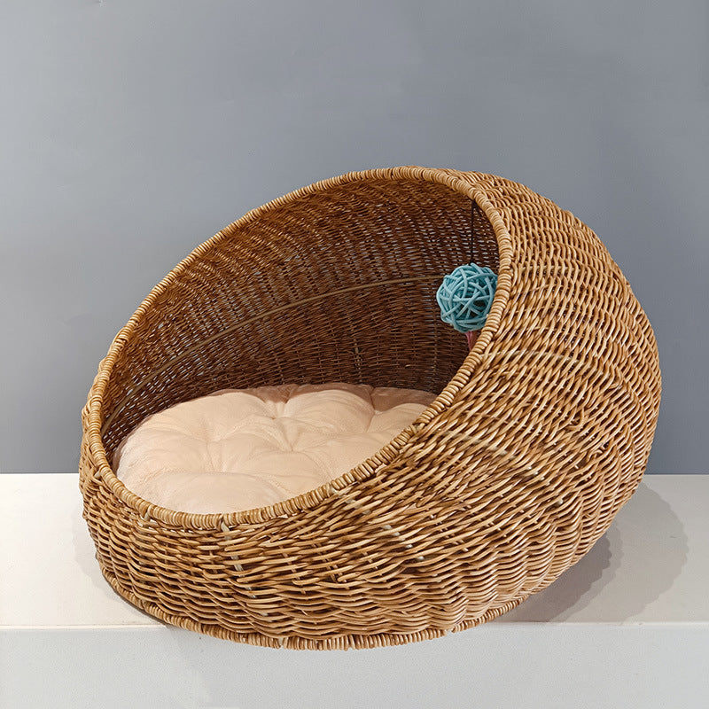 Handwoven Cat Bed – Washable Rattan Pet Hammock Nest
