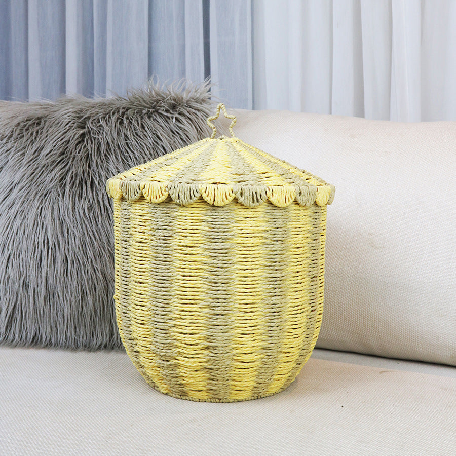 Panier de rangement tissé nordique avec couvercle – Fait main et écologique