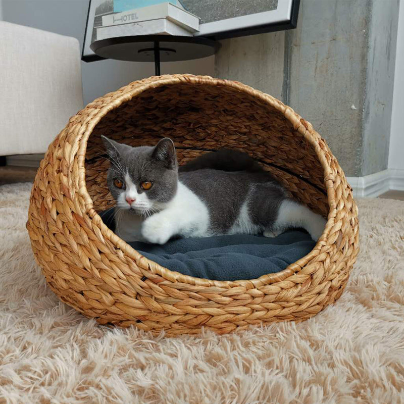 Handwoven Cat Bed – Washable Rattan Pet Hammock Nest