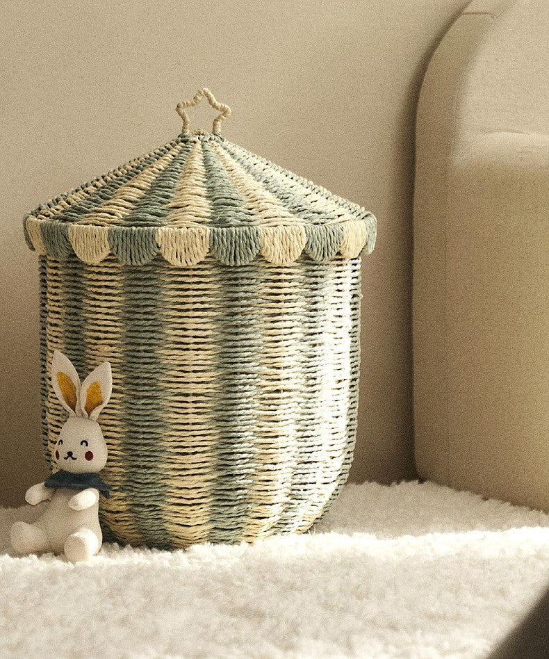 Panier de rangement tissé nordique avec couvercle – Fait main et écologique
