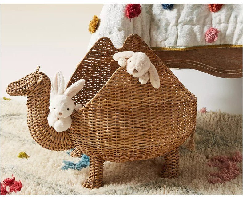 Handmade Nordic Rattan Camel Toy Storage Basket with Lid – Cute Animal Organizer