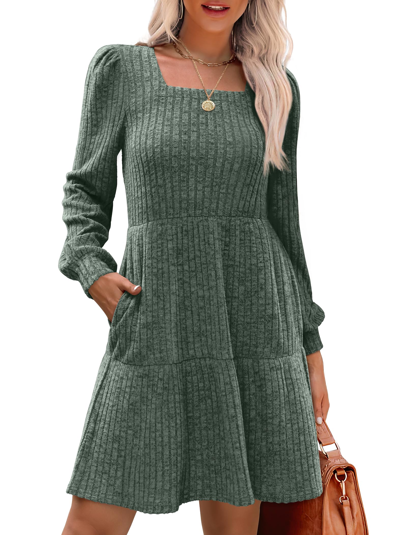 Women's Square Neck Lantern Sleeve Ribbed Dress - Buy 2, Get Free Shipping!