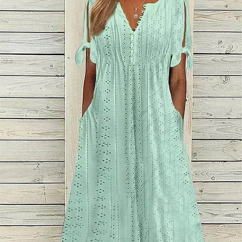 💃Robe unie élégante à col en V et ajourée pour femme - Achetez-en 2 et obtenez la livraison gratuite ! 