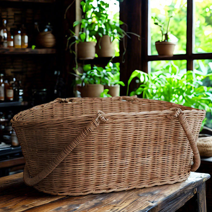 Vintage Woven Rattan Basket – Handheld Rustic Storage Tote