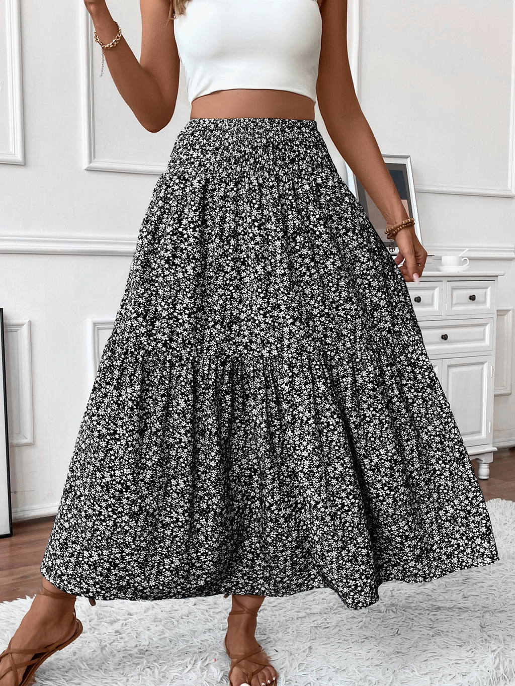 Floral print three-layer patchwork long skirt - Buy 2 items and get free shipping！