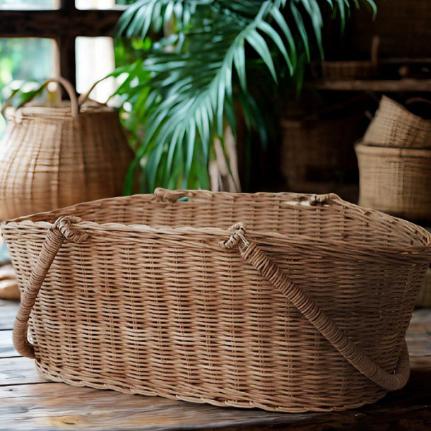 Vintage Woven Rattan Basket – Handheld Rustic Storage Tote