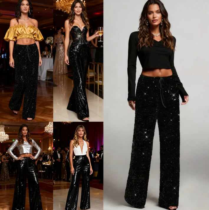 🎅Women's Sequin Sparkle Wide Leg Pants with Elastic Waistband - Buy two and get free shipping!