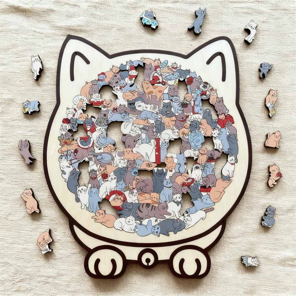 🎅135-Piece Morandi-Colored Cat Shaped Wooden Jigsaw Puzzle