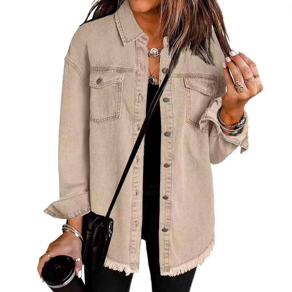 2025 Women's Casual Denim Button Down Distressed Jacket