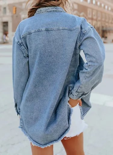 2025 Women's Casual Denim Button Down Distressed Jacket