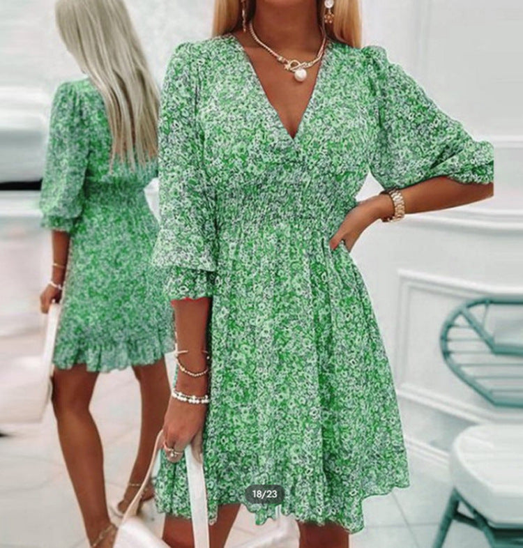 Robe fleurie à manches courtes et imprimé bohème 