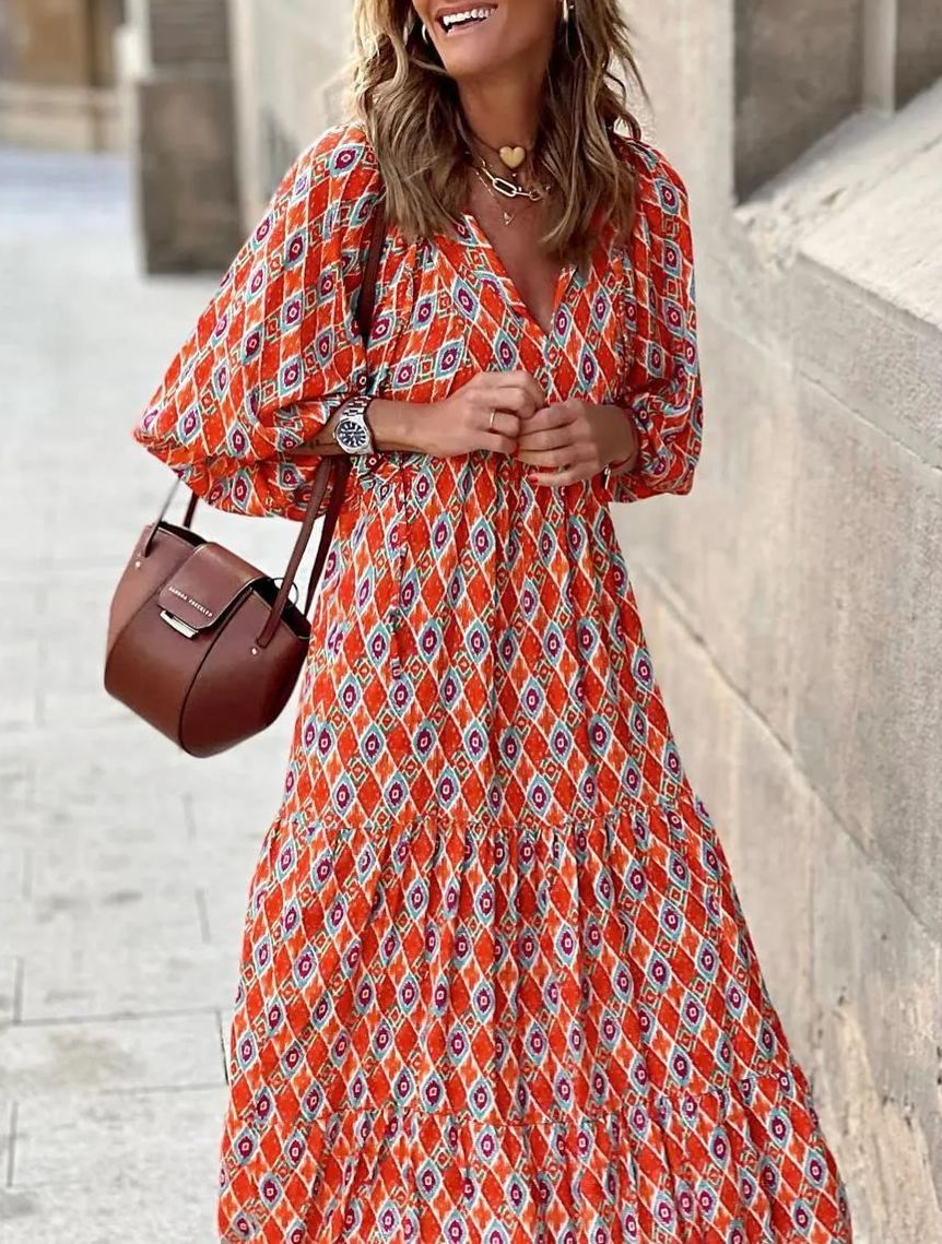 robes longues bohèmes géométriques à manches bouffantes pour femmes 
