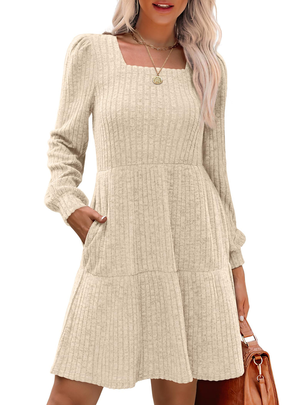 Women's Square Neck Lantern Sleeve Ribbed Dress - Buy 2, Get Free Shipping!