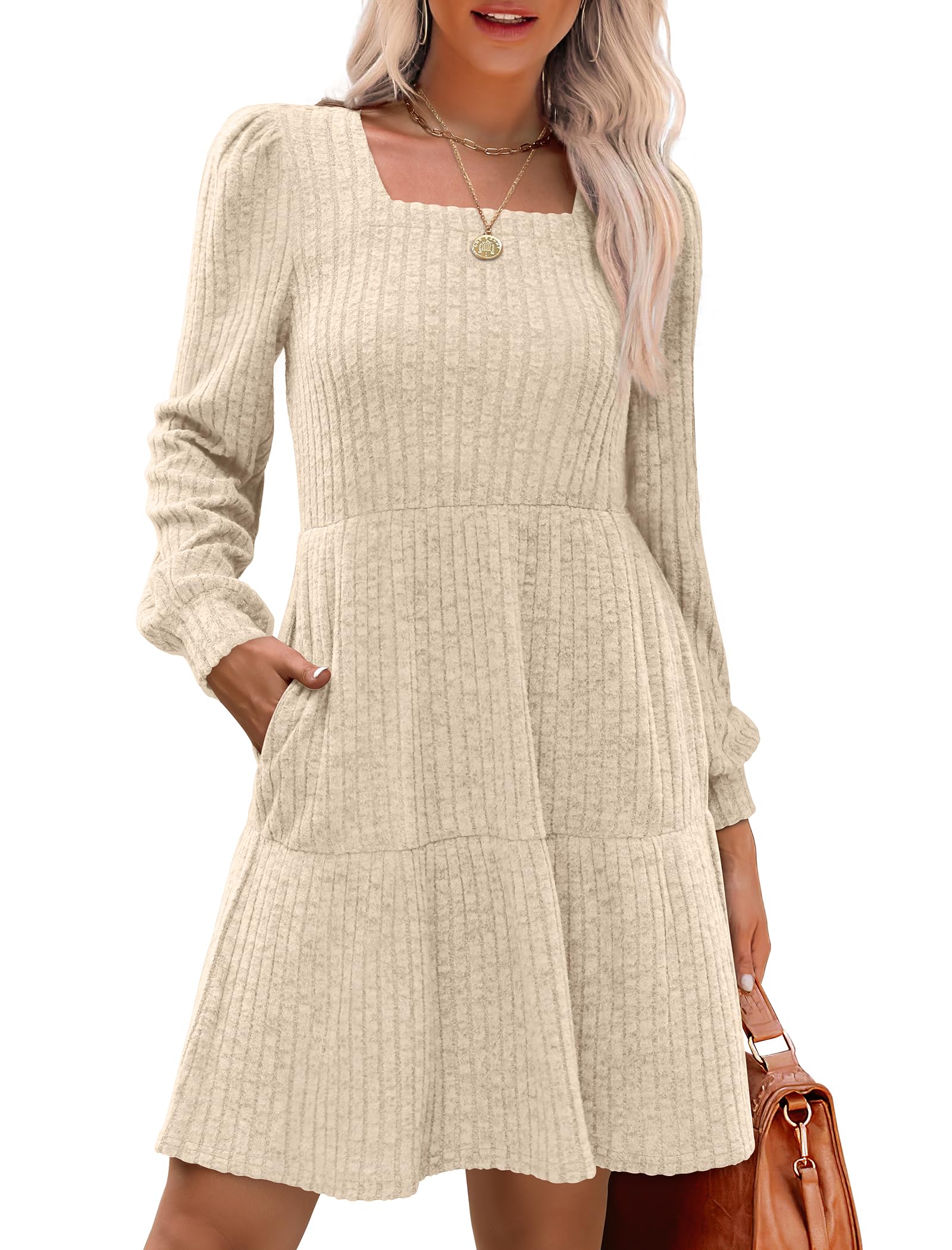 Women's Square Neck Lantern Sleeve Ribbed Dress - Buy 2, Get Free Shipping!