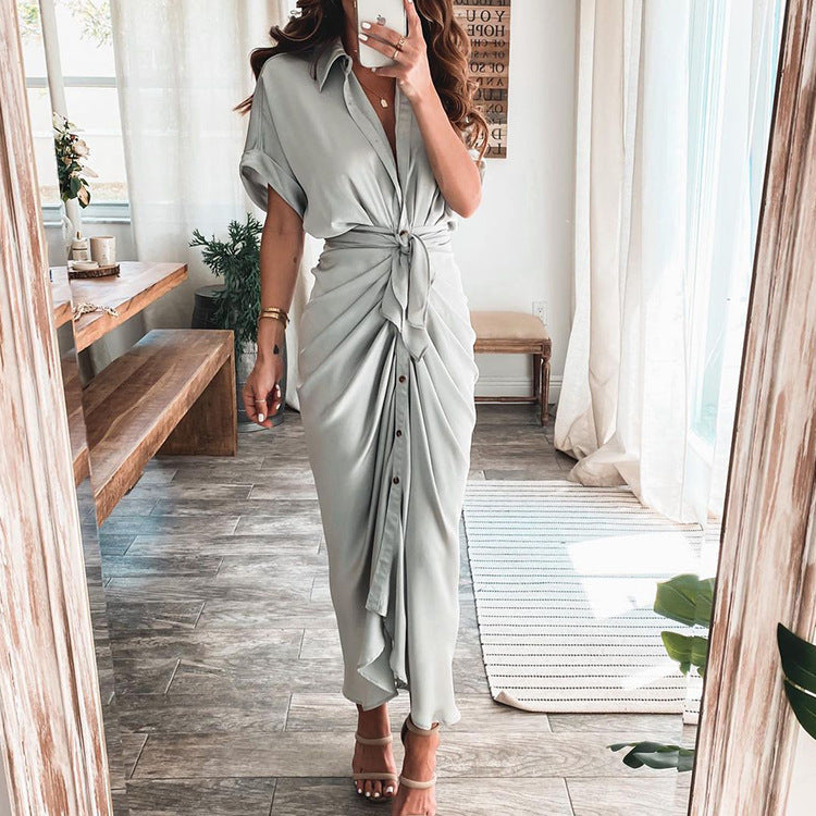 Robe chemise boutonnée en satin pour femme 