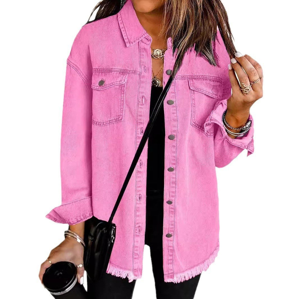 2025 Women's Casual Denim Button Down Distressed Jacket