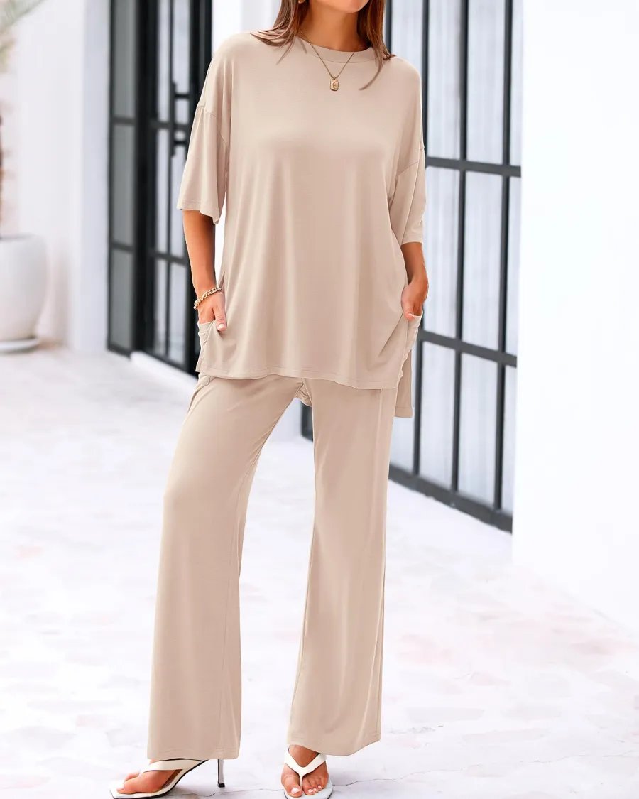 Ensemble 2 pièces décontracté avec haut ample à manches courtes et pantalon large avec poches 