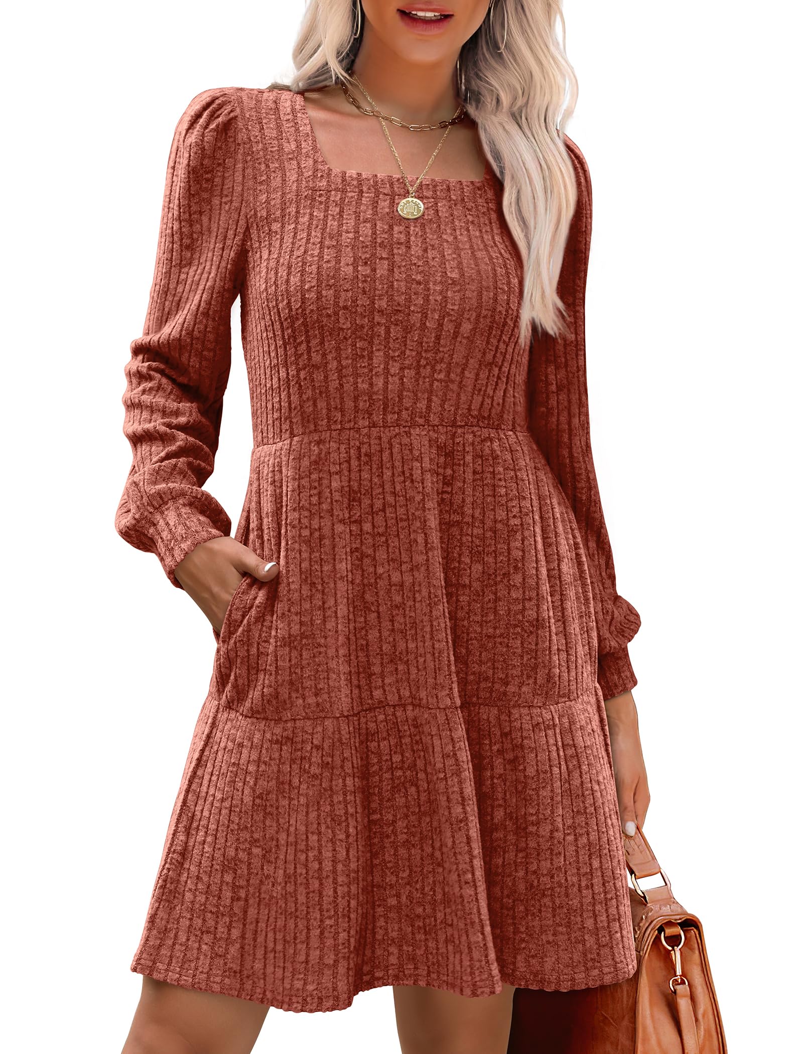 Women's Square Neck Lantern Sleeve Ribbed Dress - Buy 2, Get Free Shipping!