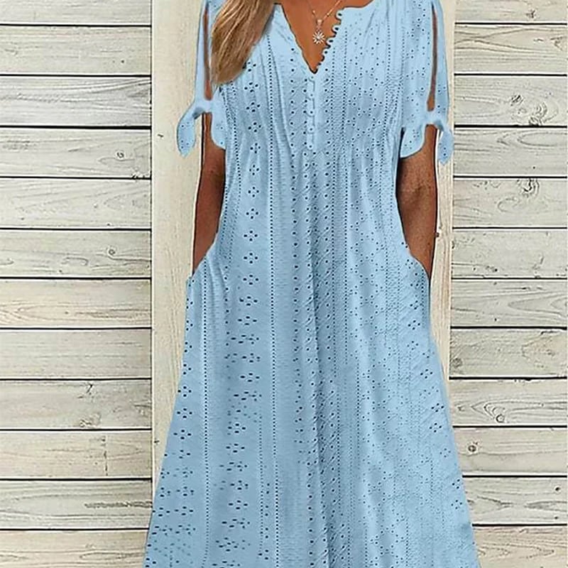 💃Robe unie élégante à col en V et ajourée pour femme - Achetez-en 2 et obtenez la livraison gratuite ! 