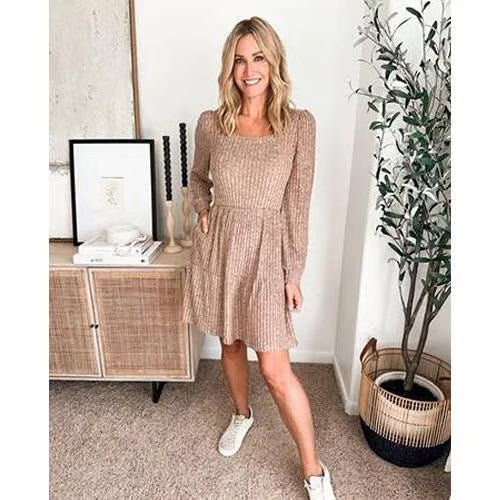 Women's Square Neck Lantern Sleeve Ribbed Dress - Buy 2, Get Free Shipping!