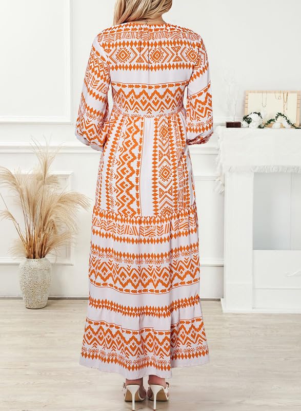 robes longues bohèmes géométriques à manches bouffantes pour femmes 