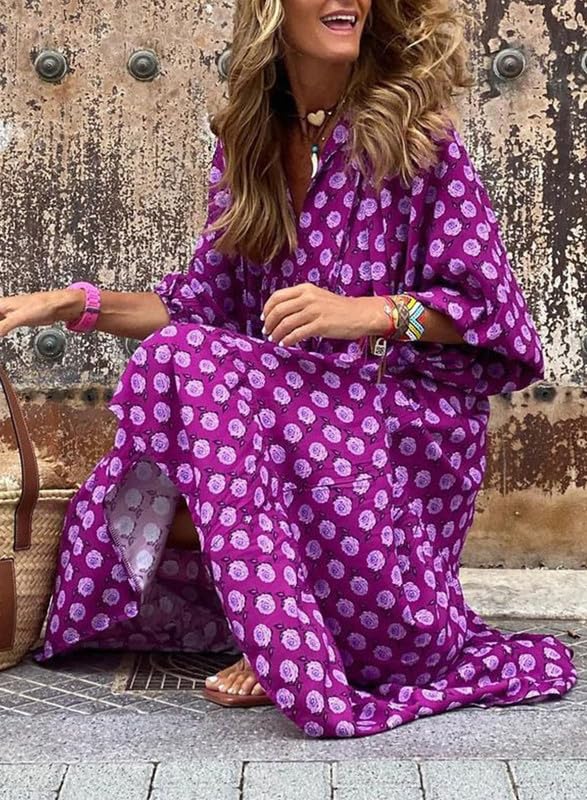 robes longues bohèmes géométriques à manches bouffantes pour femmes 